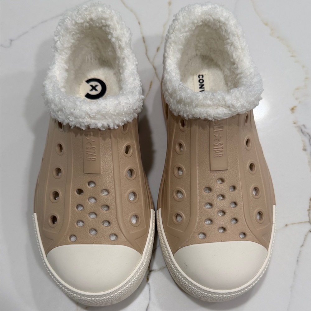 Converse Tan Slip-On Clog with White Sherpa Lining